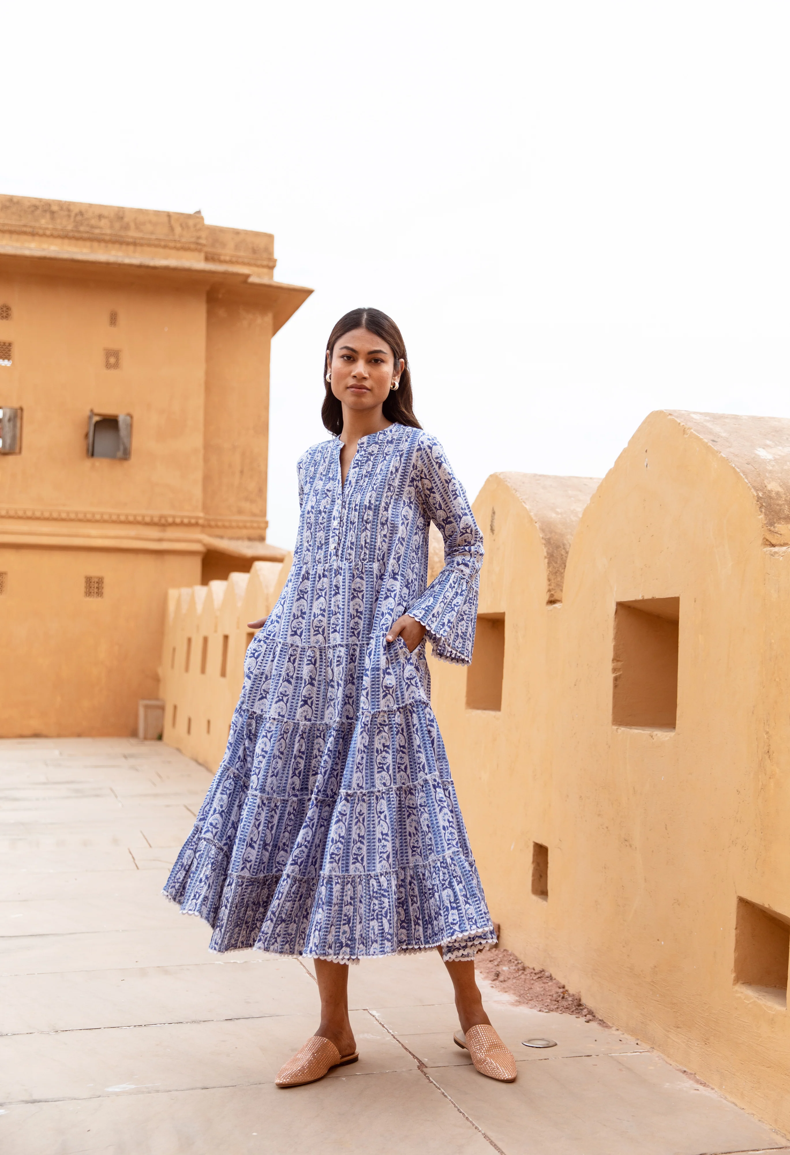 The Veda - Midi Cotton Block Print Dress - Blue Floral Print - Happy Cabbage London
