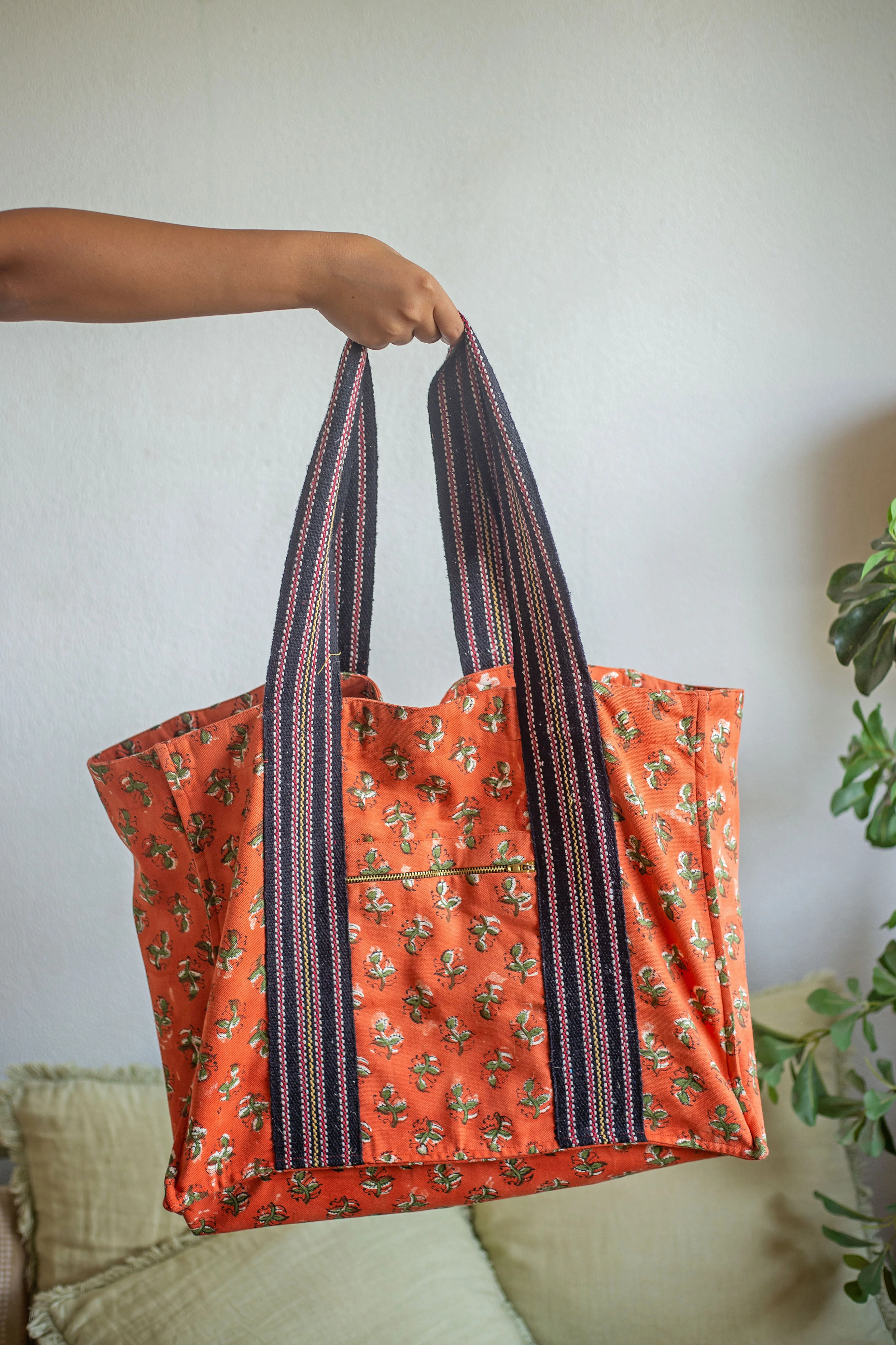 SALE Block Print Cotton Tote Bag - Burnt Orange - Happy Cabbage London