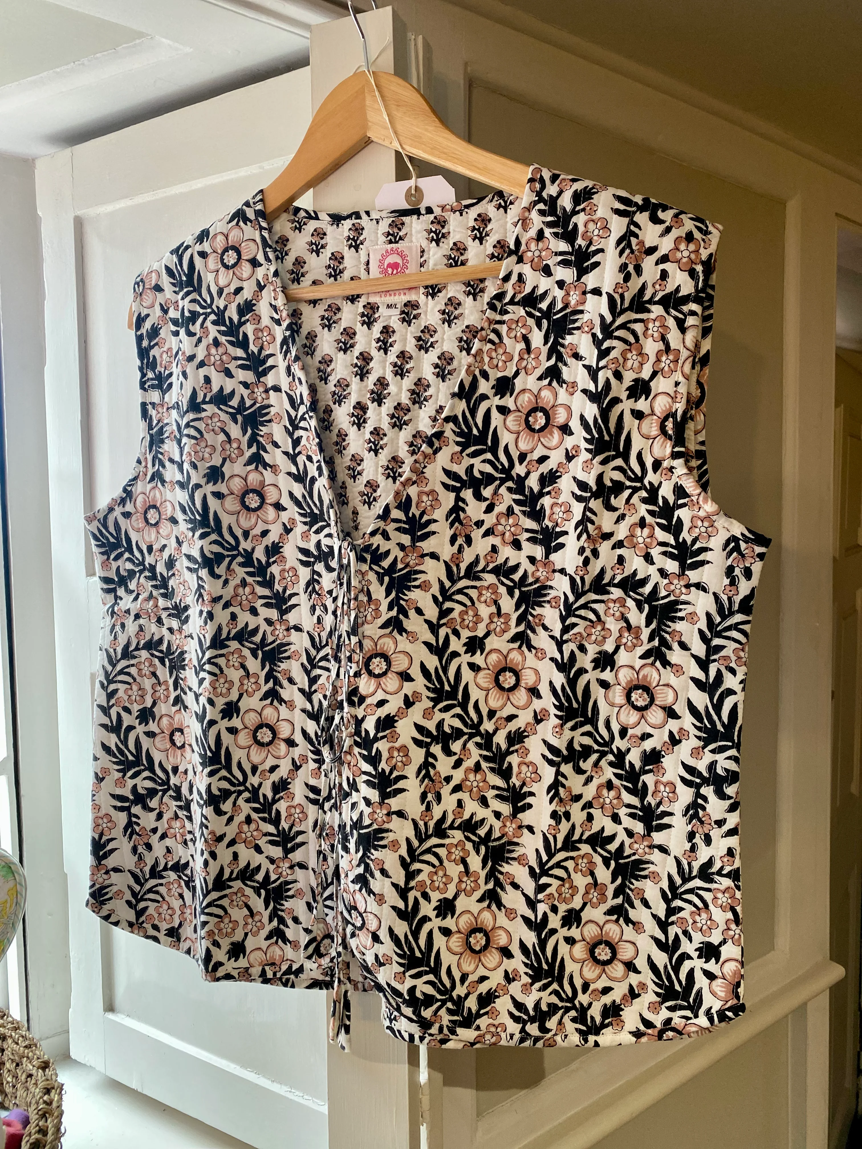 Quilted Waistcoat - Black & Cream Floral Print - Happy Cabbage London