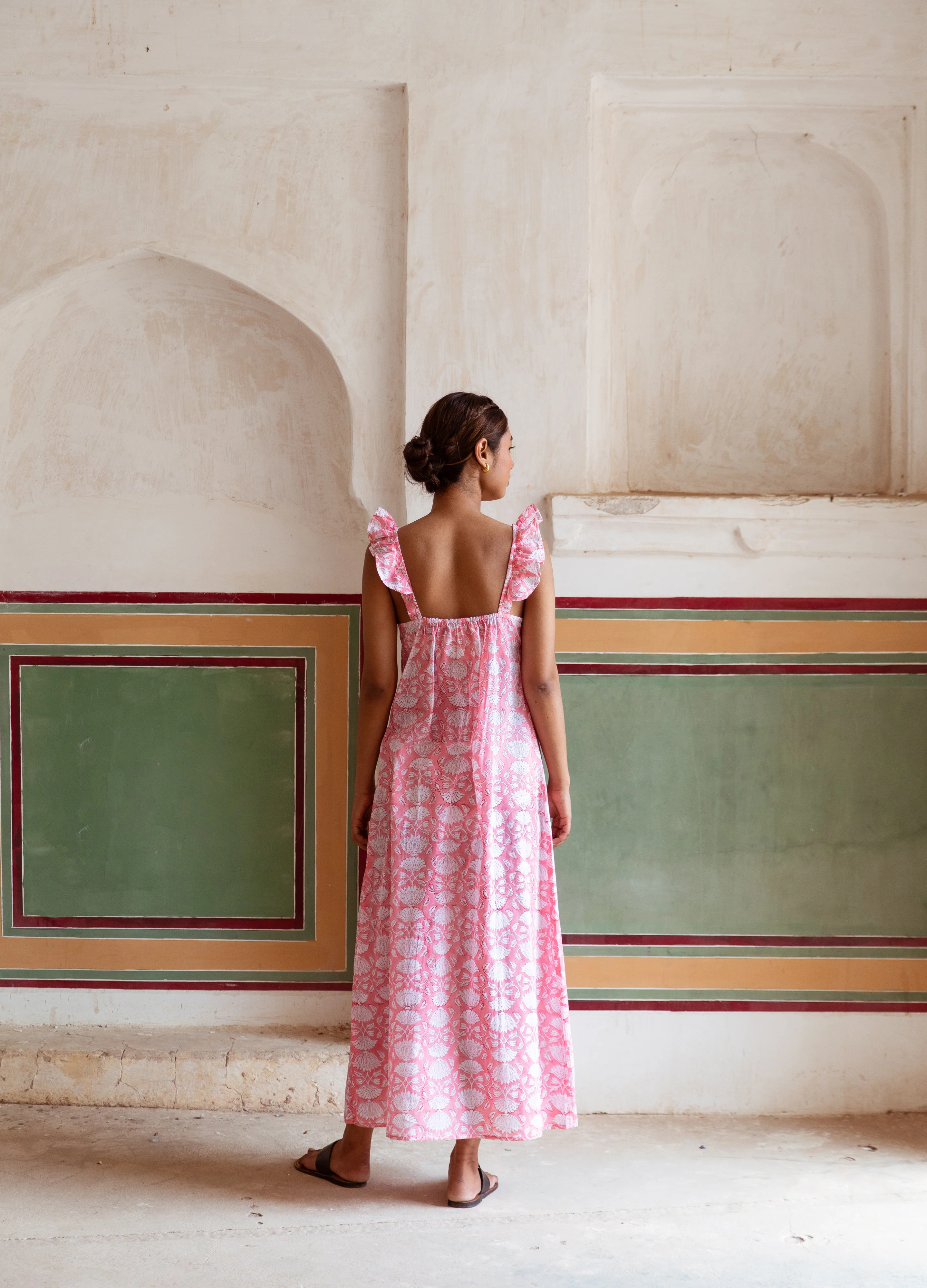 Block Print Cotton Nightdress - Pink Lotus Print - Happy Cabbage London