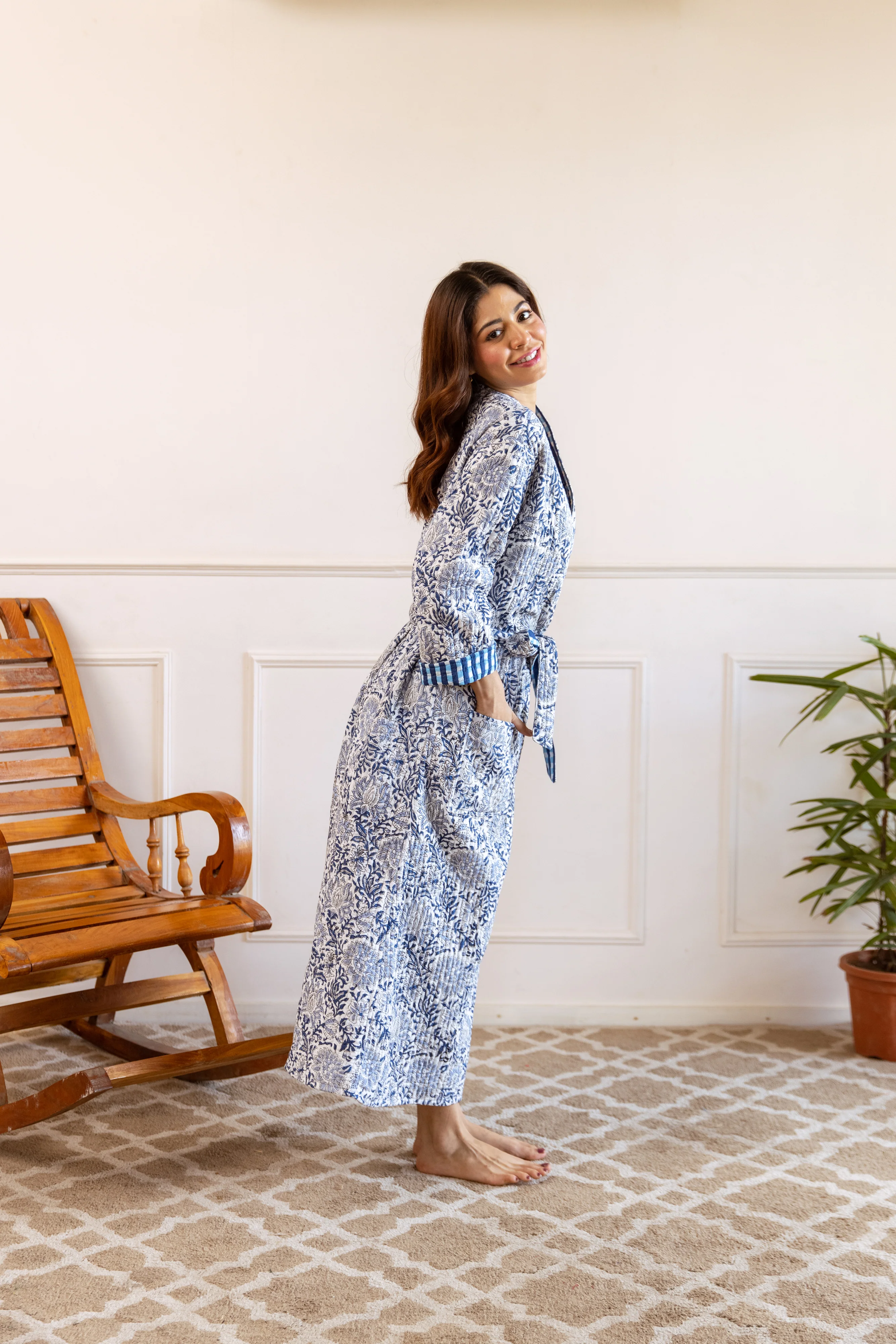 Luxury Quilted Hand Block Print Robe - Indigo Garden - Happy Cabbage London