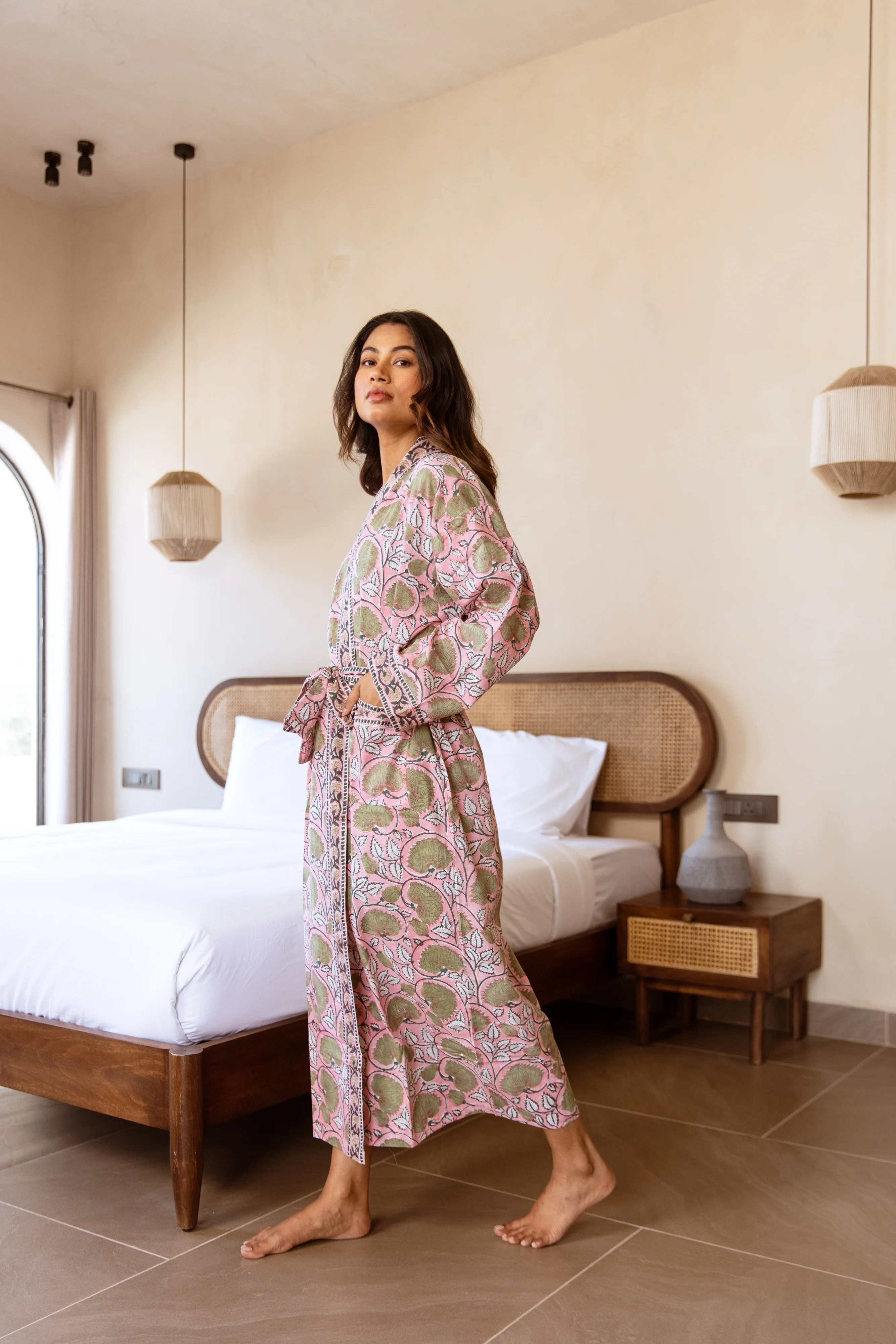 Long Cotton Robe - Pink & Green - Happy Cabbage London