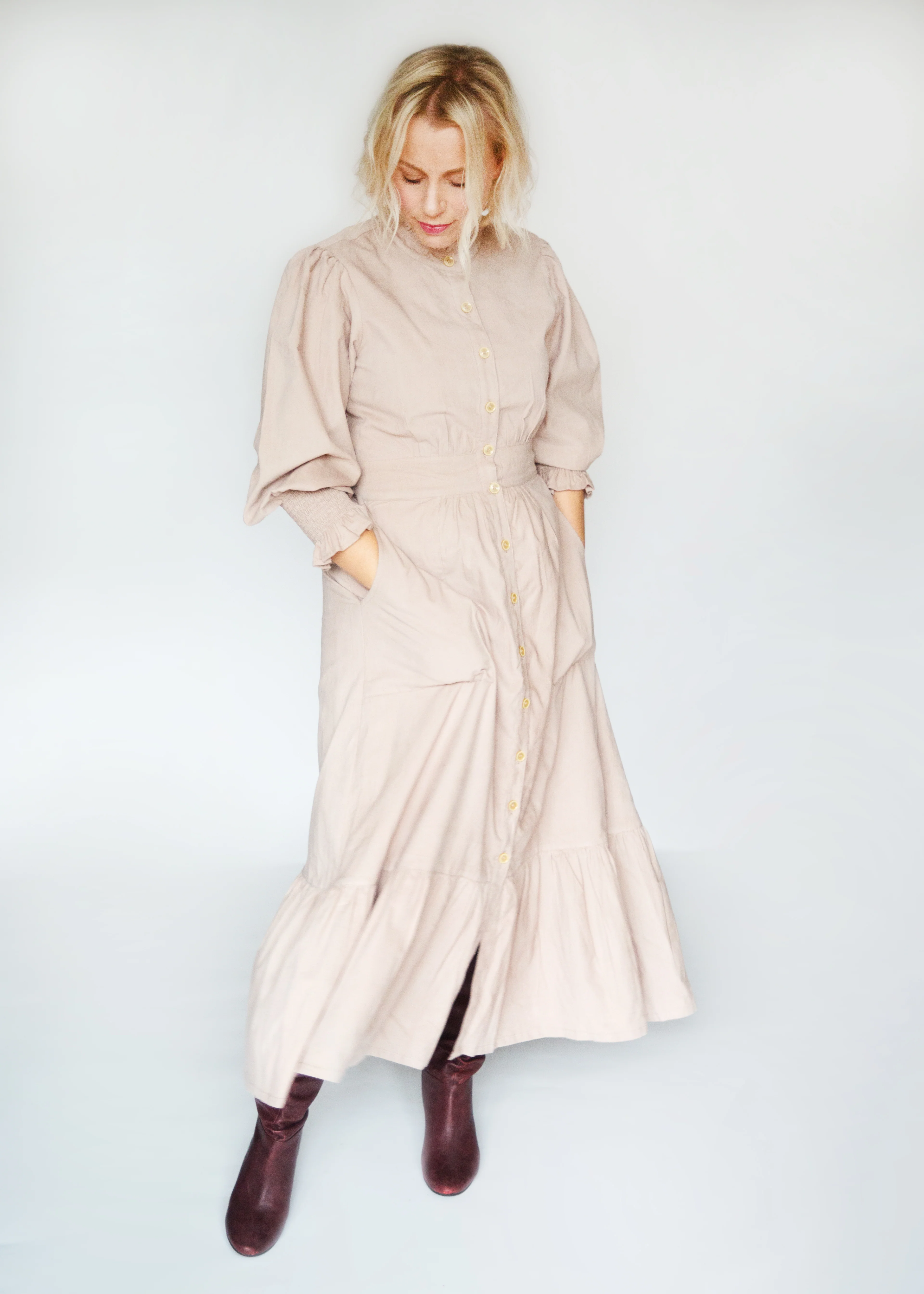 SALE The Sylvie, Pale Dusky Pink Corduroy Dress with Block Print Lining - Happy Cabbage London
