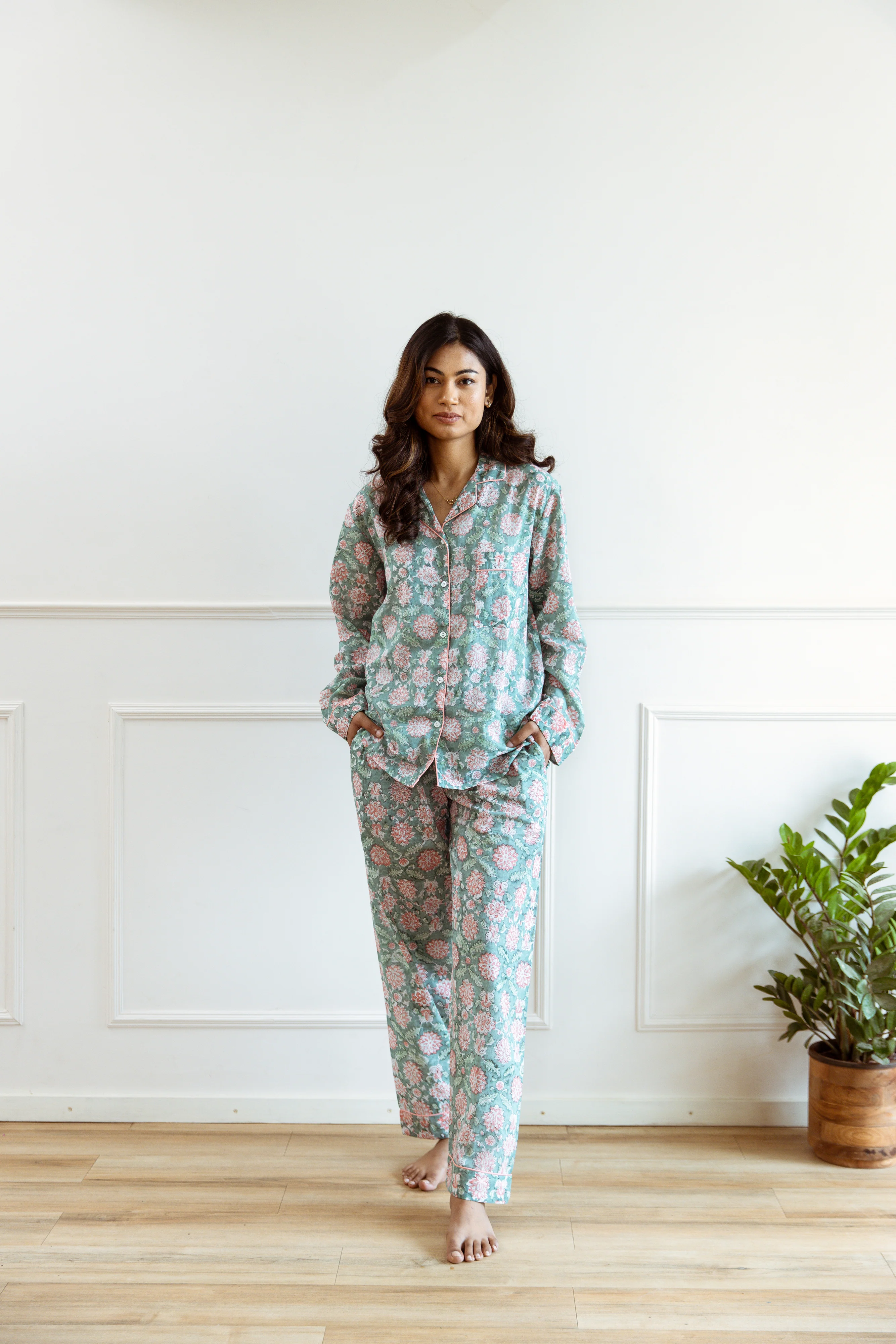 Long PJ Set - Aqua Green Floral Print - Happy Cabbage London