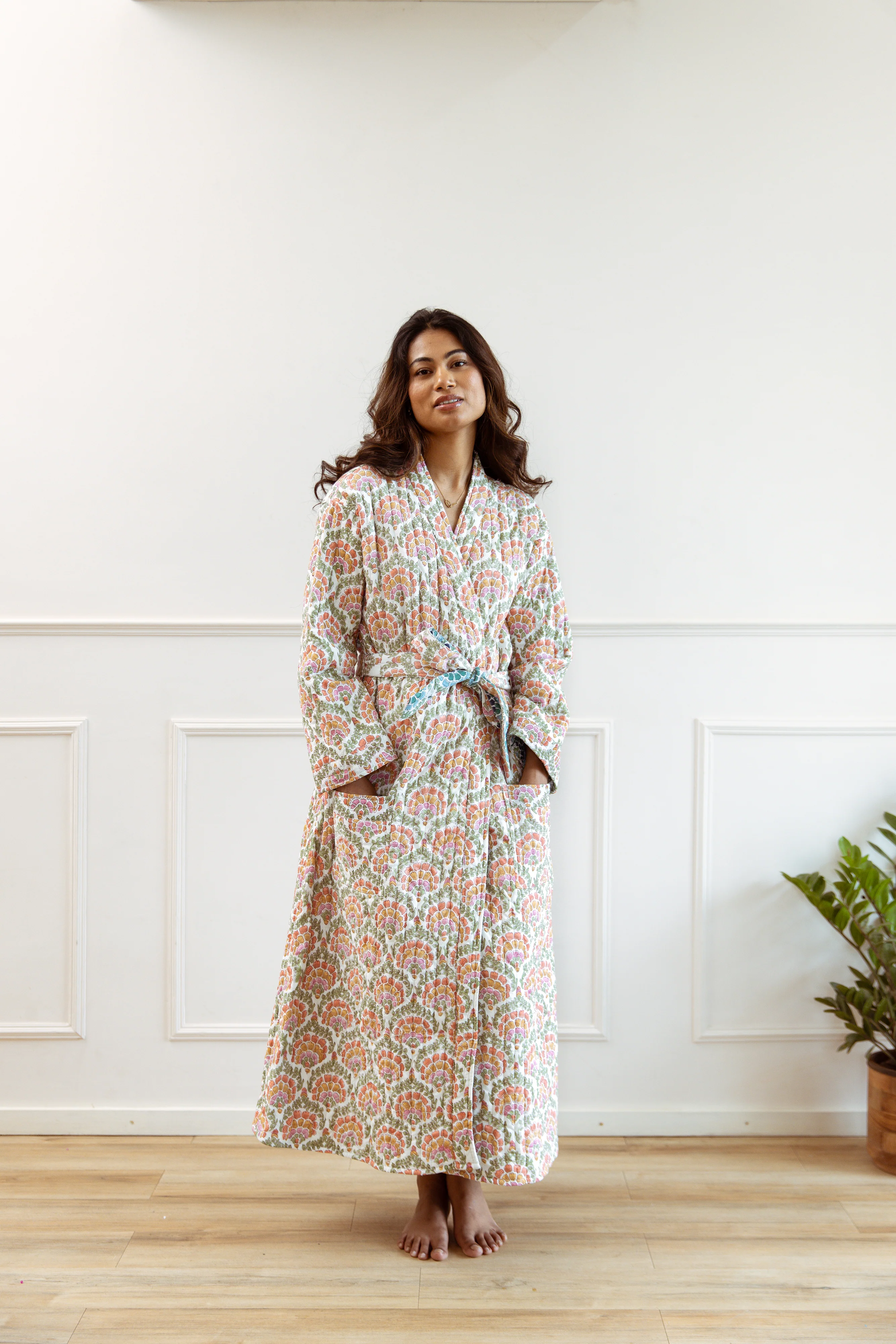 Luxury Quilted Hand Block Print Robe - Orange Fan Print - Happy Cabbage London