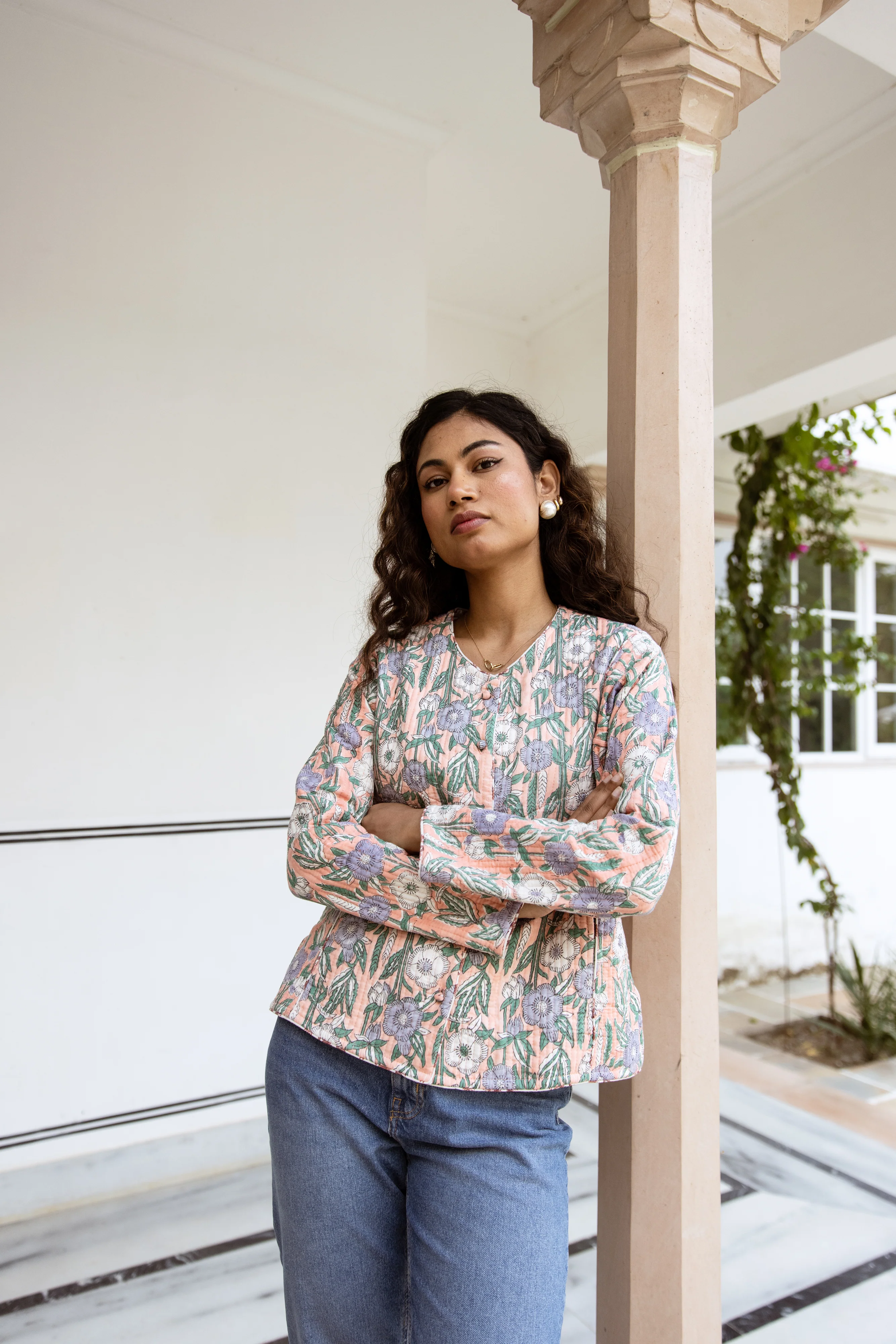 Fitted quilted jacket - Salmon Pink with Blue & Green Flowers - Happy Cabbage London